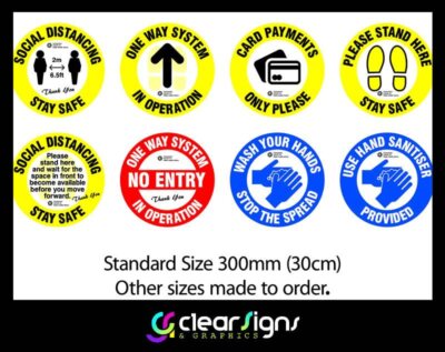 COVID 19 Self Adhesive Graphics - 2 Floor Stickers - Social Distancing - Use Hand Sanitiser - Queue System Graphics (1)